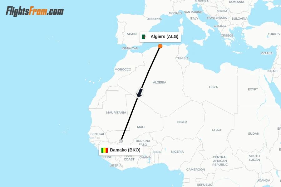 Flights from Algiers to Bamako route map