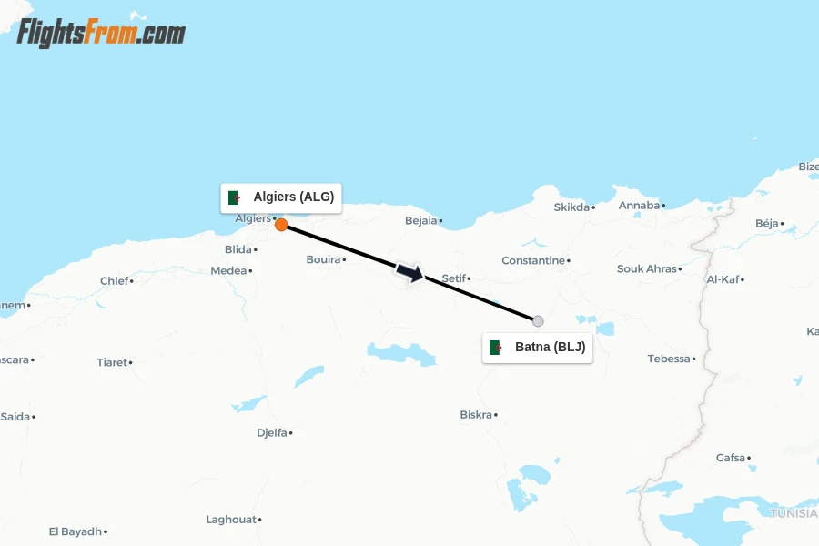 Flights from Algiers to Batna route map