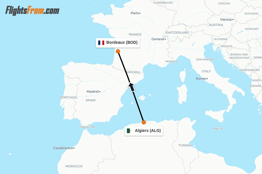 Flights from Algiers to Bordeaux route map