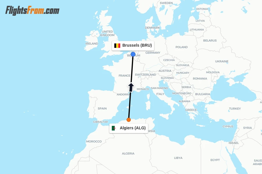 Flights from Algiers to Brussels route map