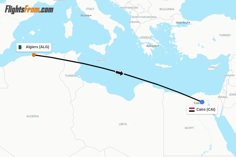Flights from Algiers to Cairo route map