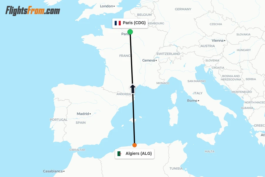Flights from Algiers to Paris route map