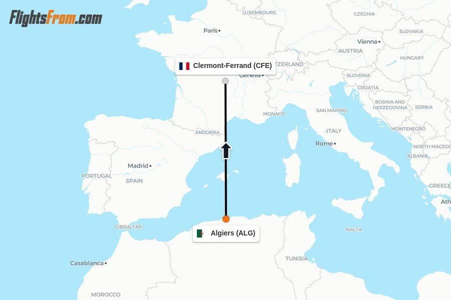 Flights from Algiers to Clermont-Ferrand route map