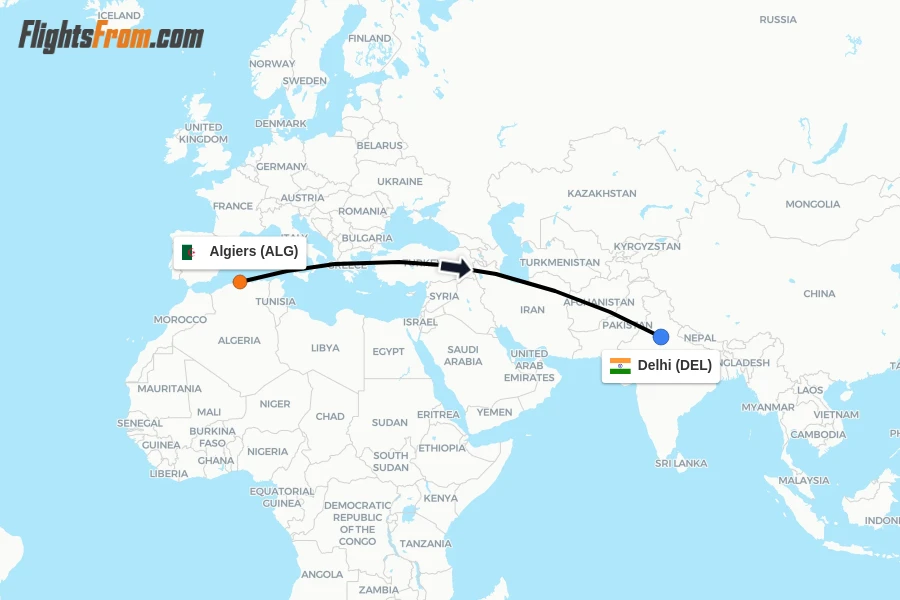 Flights from Algiers to Delhi route map