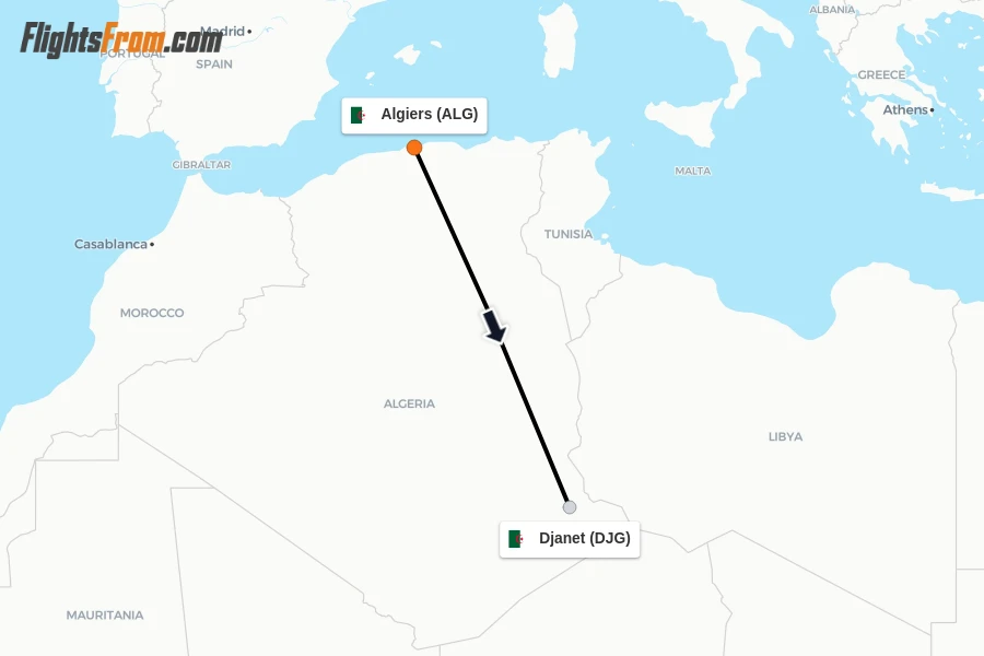Flights from Algiers to Djanet route map