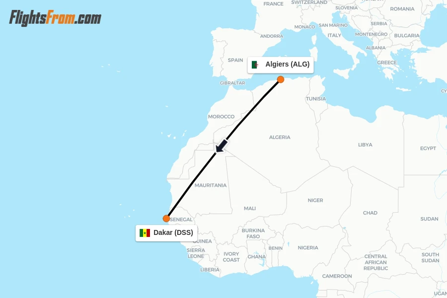 Flights from Algiers to Dakar route map