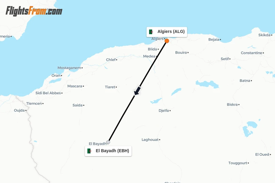 Flights from Algiers to El Bayadh route map