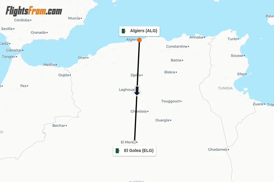 Flights from Algiers to El Golea route map