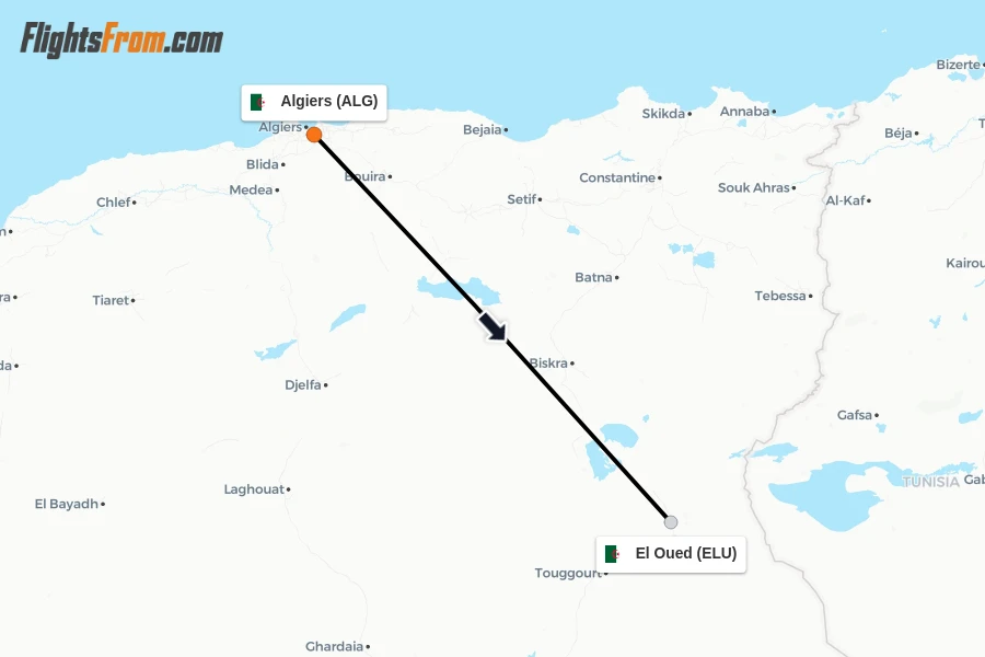 Flights from Algiers to El Oued route map