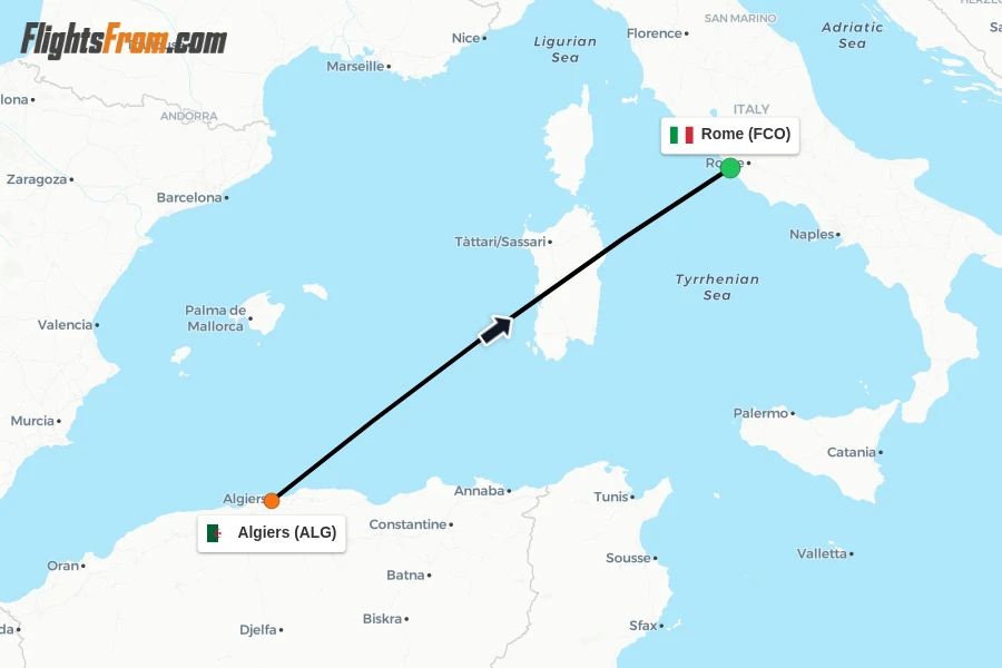Flights from Algiers to Rome route map