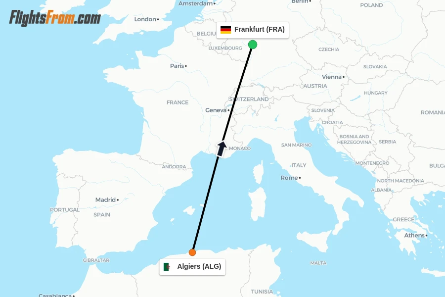 Flights from Algiers to Frankfurt route map