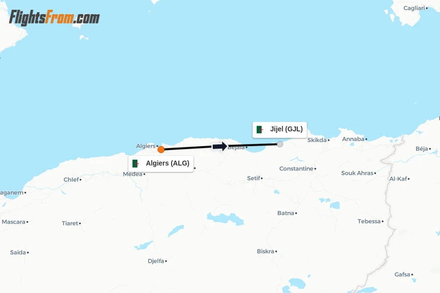 Flights from Algiers to Jijel route map