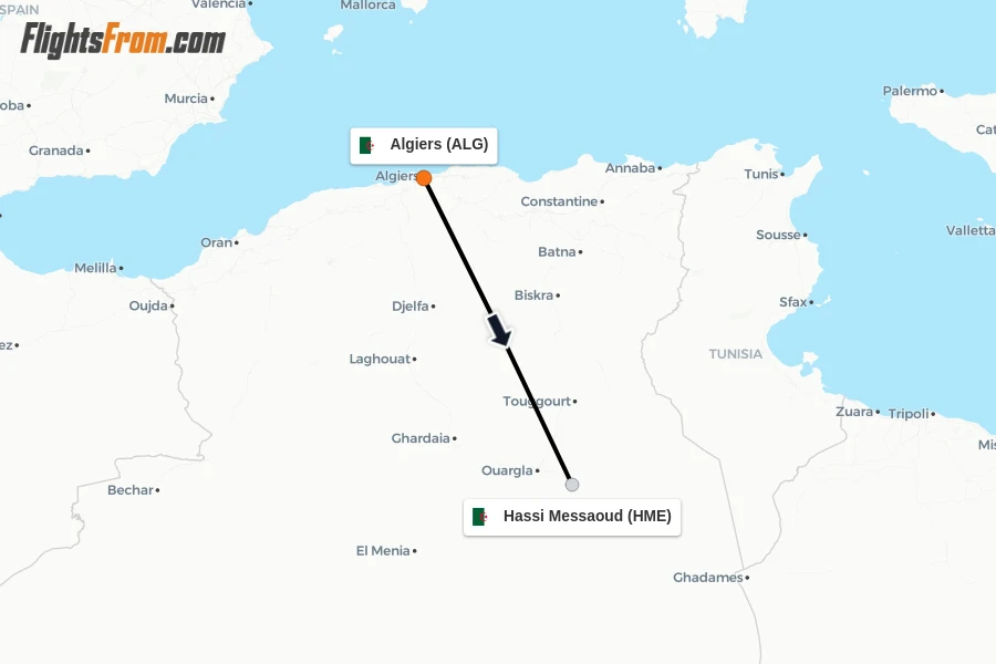 Flights from Algiers to Hassi Messaoud route map