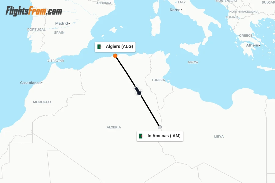 Flights from Algiers to In Amenas route map