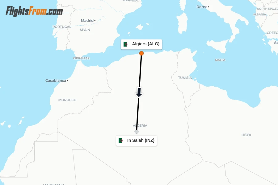 Flights from Algiers to In Salah route map