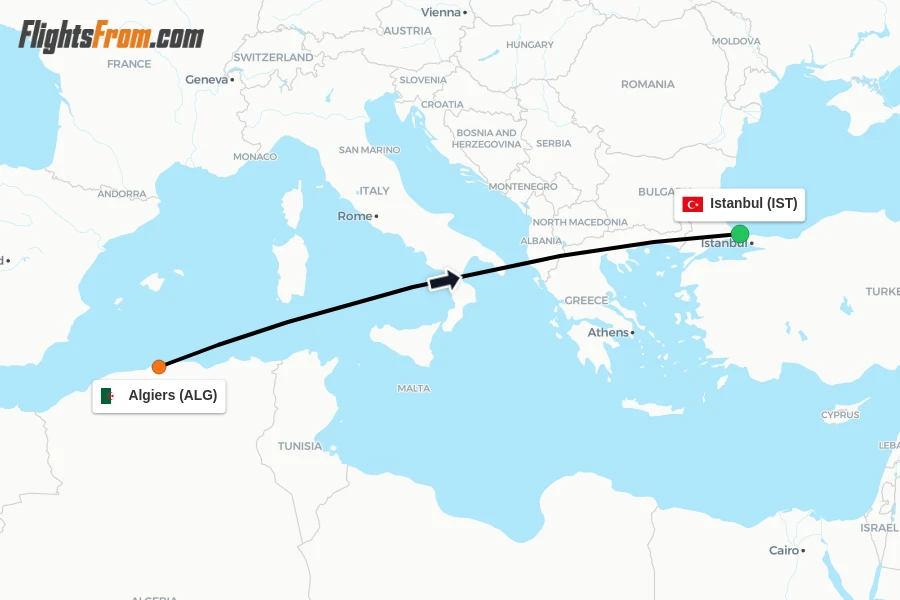 Flights from Algiers to Istanbul route map