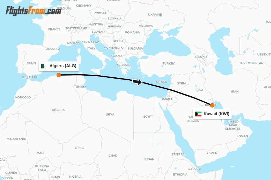 Flights from Algiers to Kuwait route map