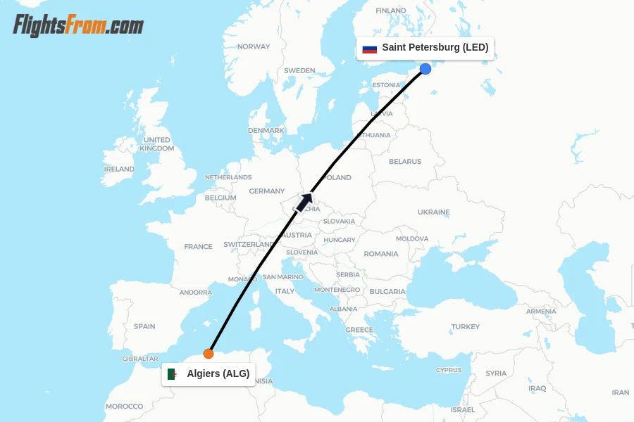 Flights from Algiers to Saint Petersburg route map