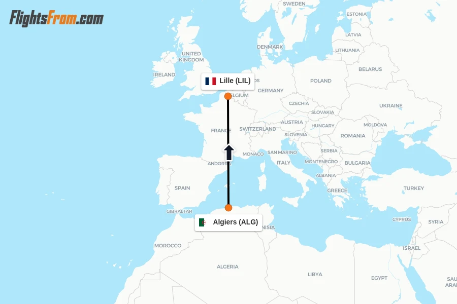 Flights from Algiers to Lille route map