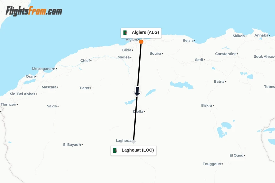 Flights from Algiers to Laghouat route map