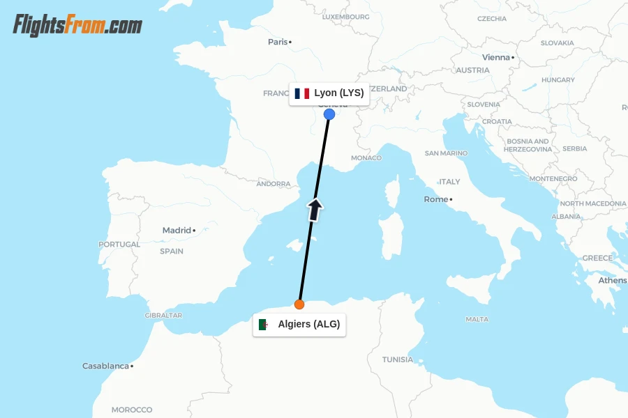 Flights from Algiers to Lyon route map