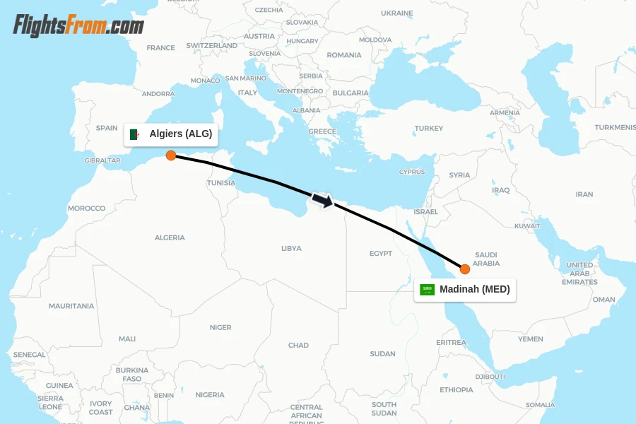 Flights from Algiers to Madinah route map