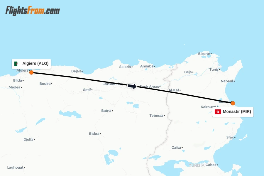 Flights from Algiers to Monastir route map