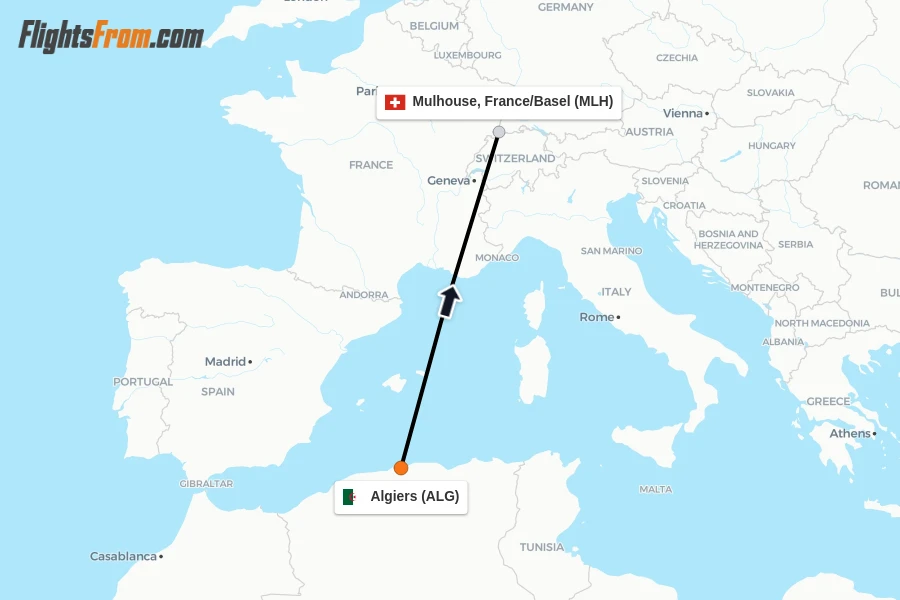 Flights from Algiers to Mulhouse, France/Basel route map