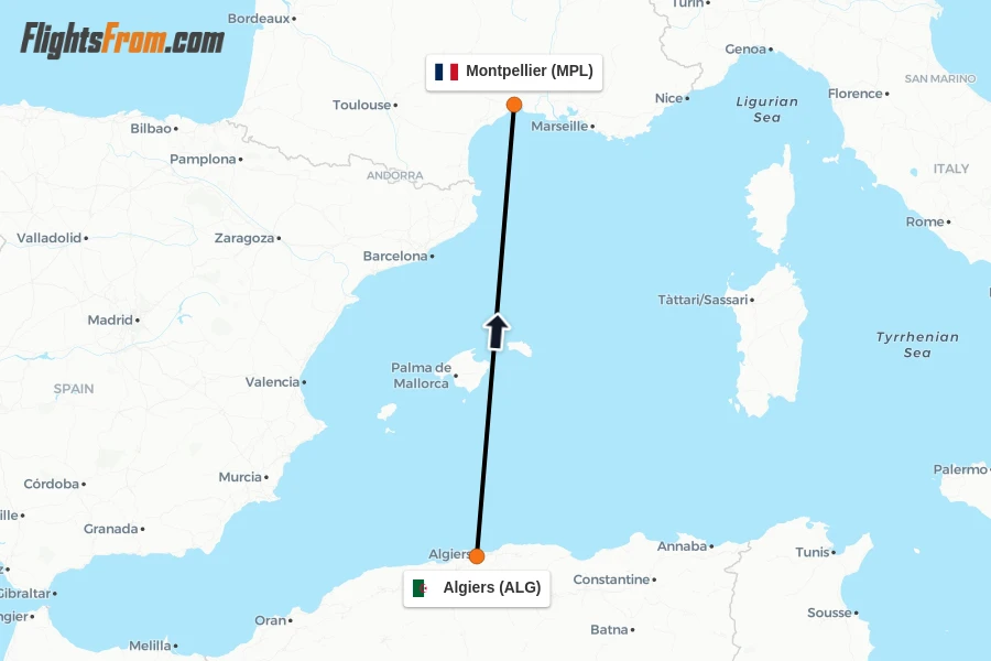 Flights from Algiers to Montpellier route map