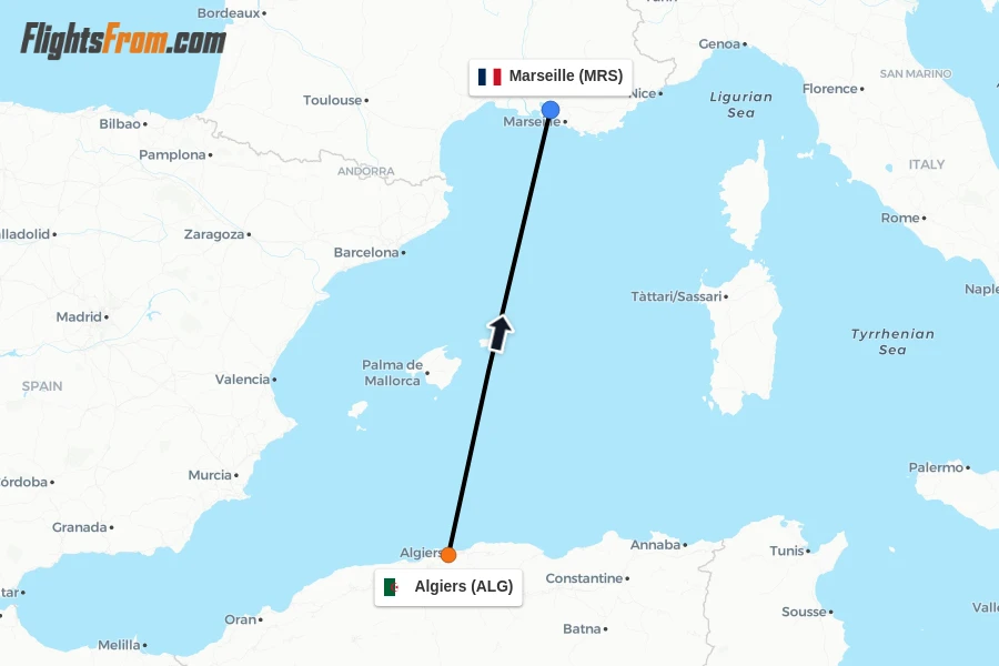 Flights from Algiers to Marseille route map