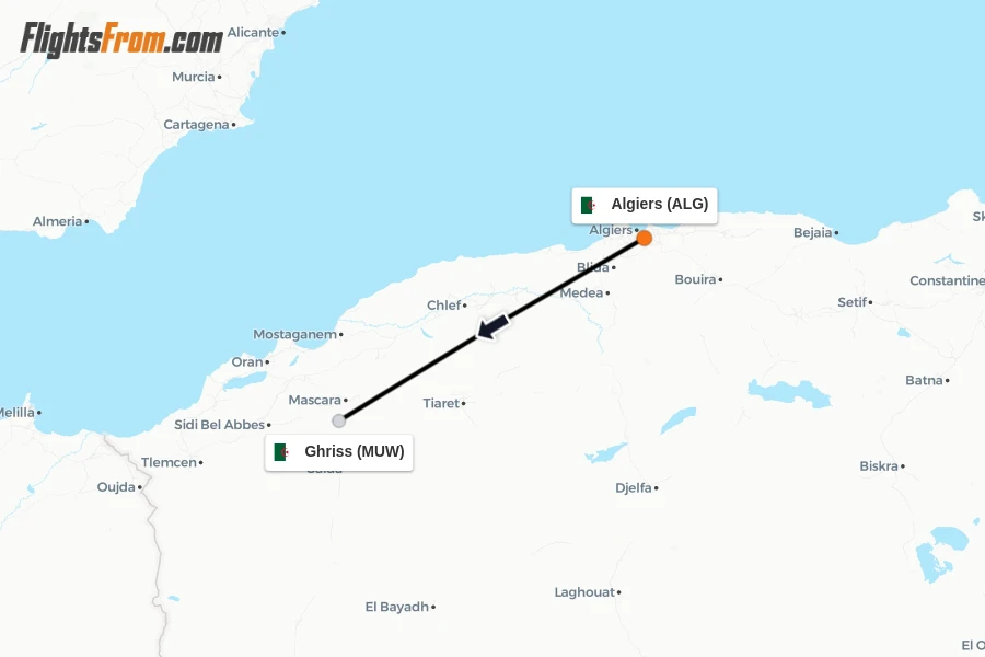 Flights from Algiers to Ghriss route map