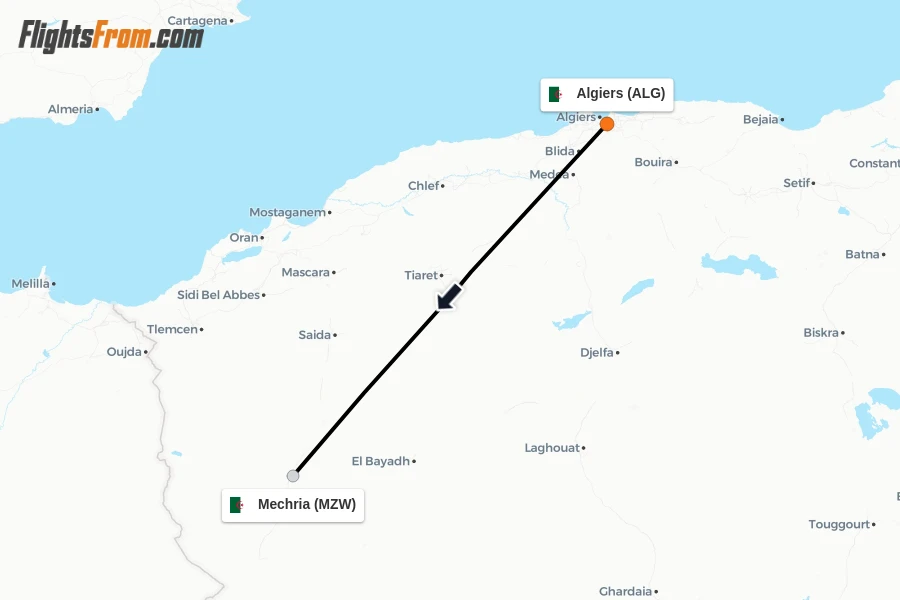 Flights from Algiers to Mechria route map