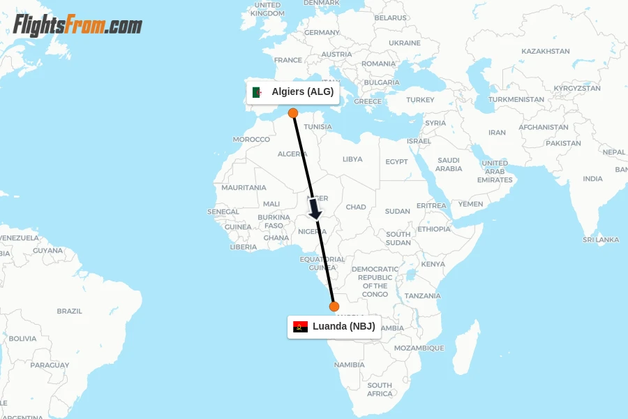 Flights from Algiers to Luanda route map