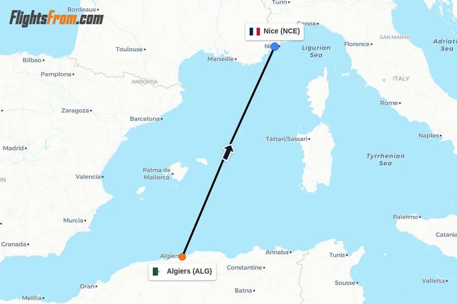 Flights from Algiers to Nice route map