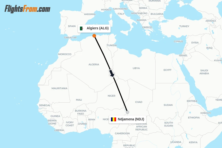 Flights from Algiers to Ndjamena route map
