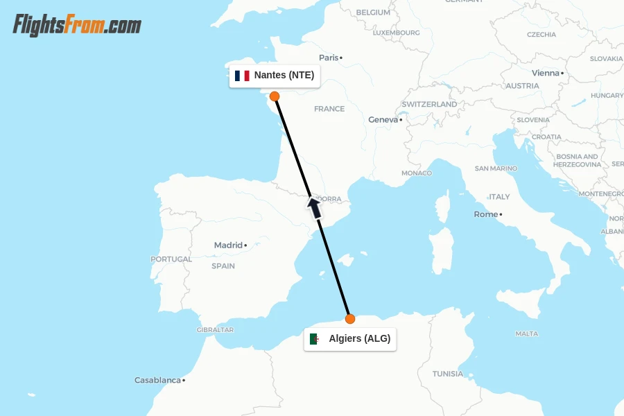 Flights from Algiers to Nantes route map