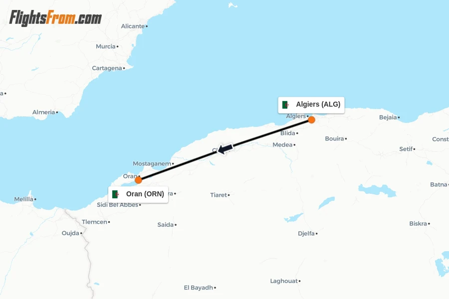 Flights from Algiers to Oran route map