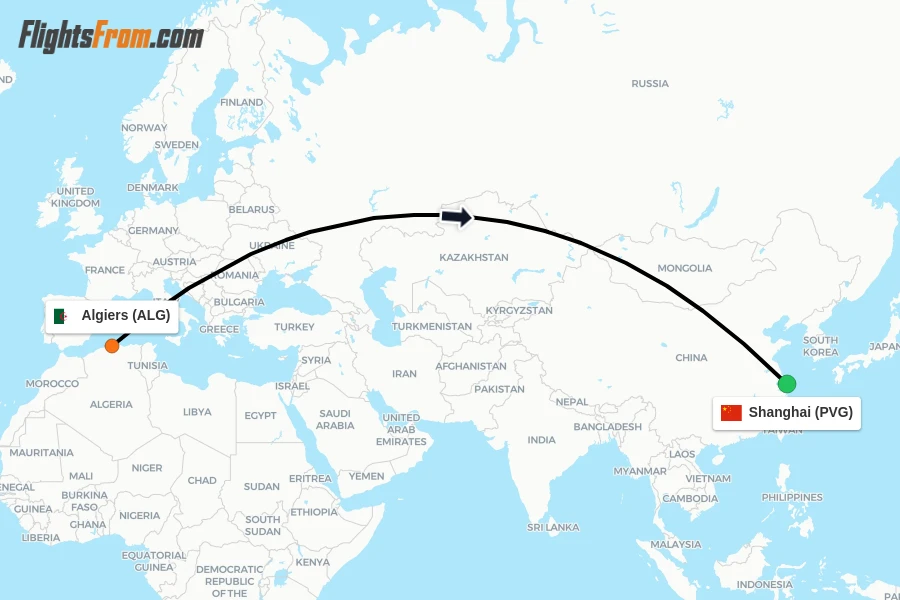 Flights from Algiers to Shanghai route map