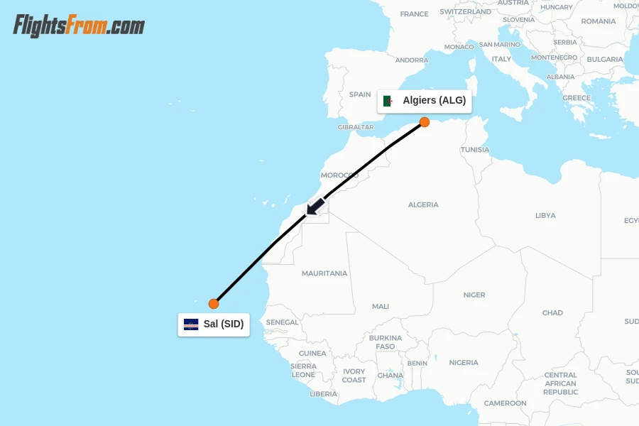 Flights from Algiers to Sal route map