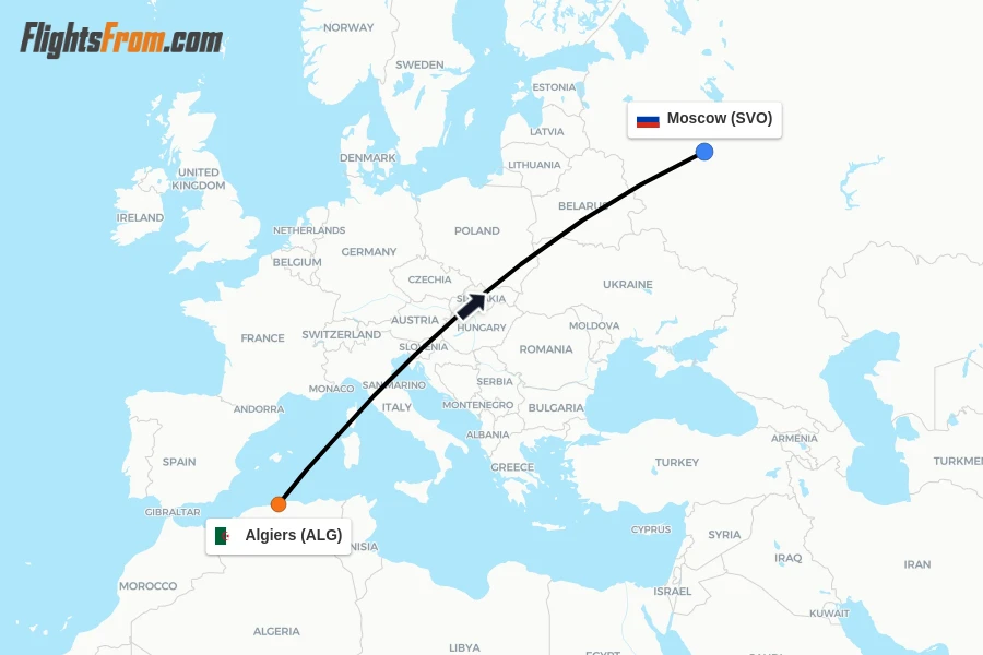 Flights from Algiers to Moscow route map
