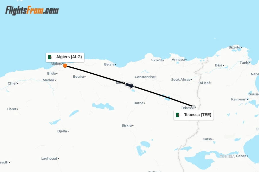 Flights from Algiers to Tebessa route map
