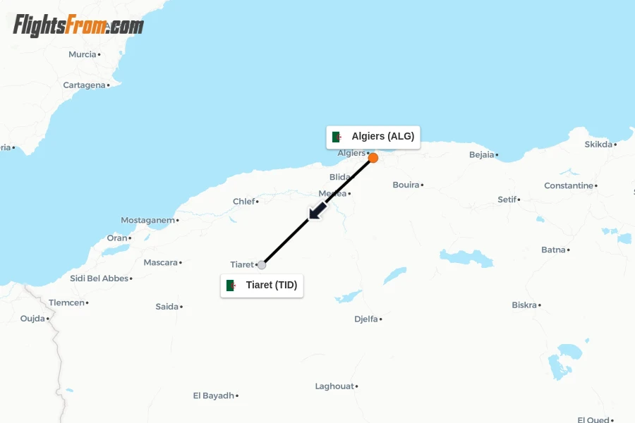 Flights from Algiers to Tiaret route map