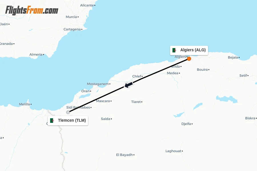 Flights from Algiers to Tlemcen route map