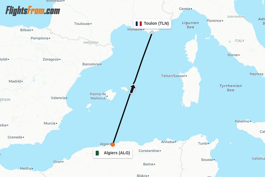 Flights from Algiers to Toulon route map