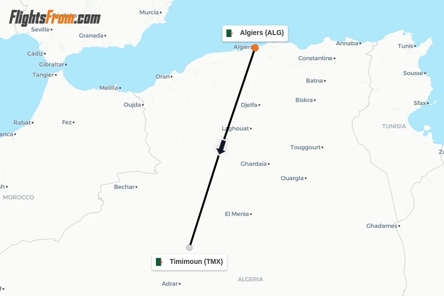 Flights from Algiers to Timimoun route map