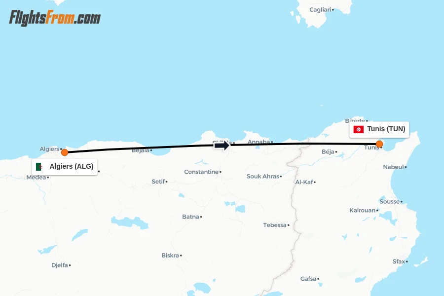 Flights from Algiers to Tunis route map