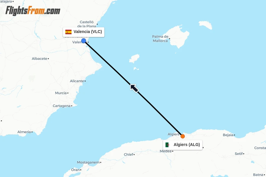 Flights from Algiers to Valencia route map