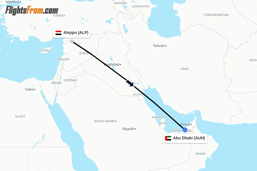 Flights from Aleppo to Abu Dhabi route map