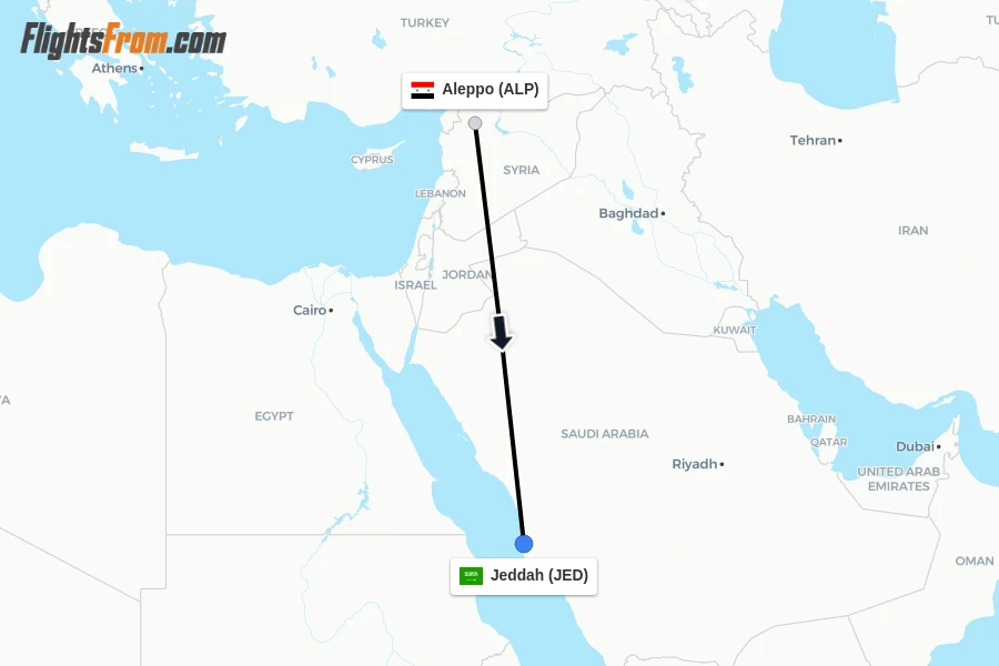 Flights from Aleppo to Jeddah route map