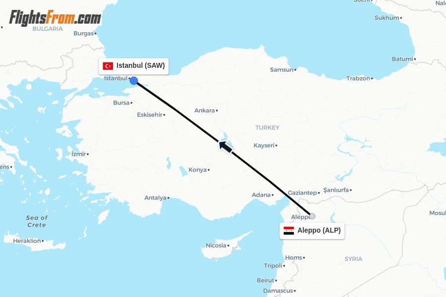 Flights from Aleppo to Istanbul route map